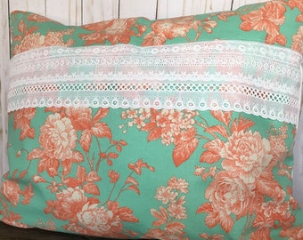 Floral Pillow Cover 16x20: Pink Magnolia, Aqua Peach with Lace