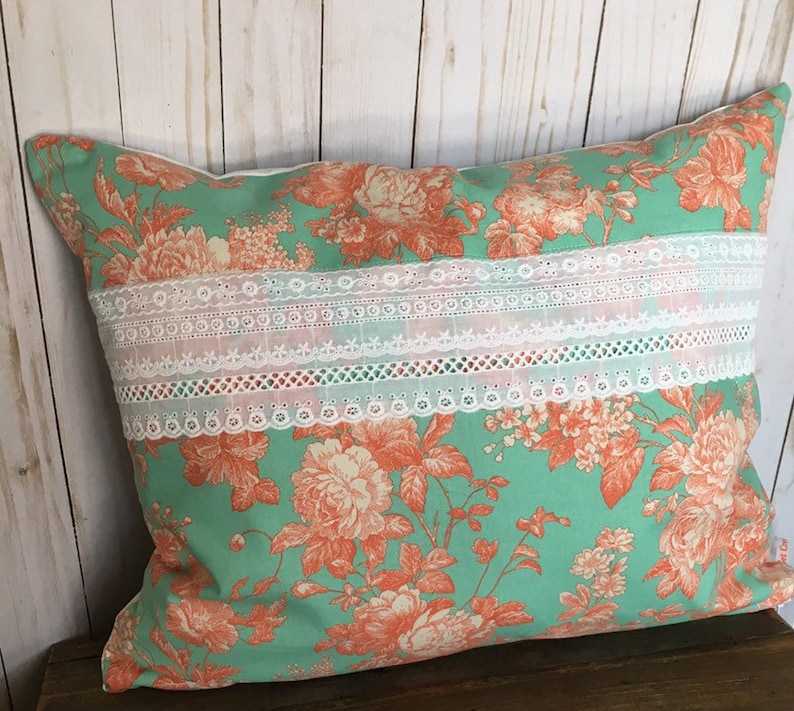 Light Blue Flower Pillow cover 16 x 20 inch pillow cover Blue Floral Pillow Cover Aqua Peach Flower Pillow Cover Lumbar Pillow Accent Pillow