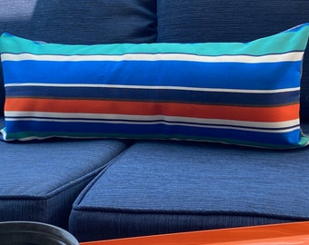 Fodera per cuscino lombare a righe: cuscino decorativo arancione e blu per esterni (12 x 24-30 pollici)