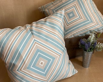 Federa per cuscino a righe blu e beige: decorazione primaverile in stile fattoria (50,8 x 50,8 cm)