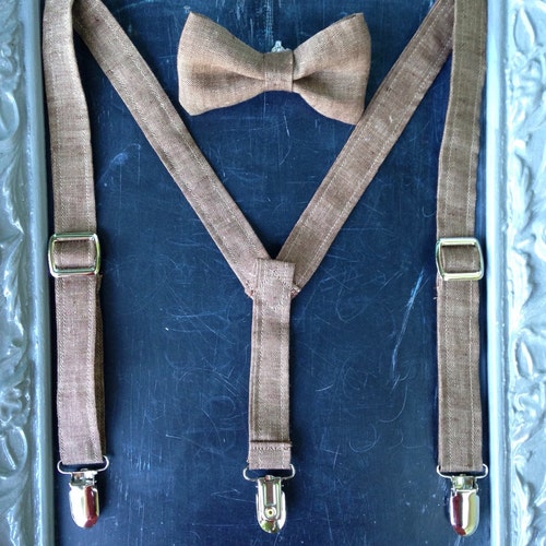 Boys Suspenders Bow Tie Set Brown Linen Etsy