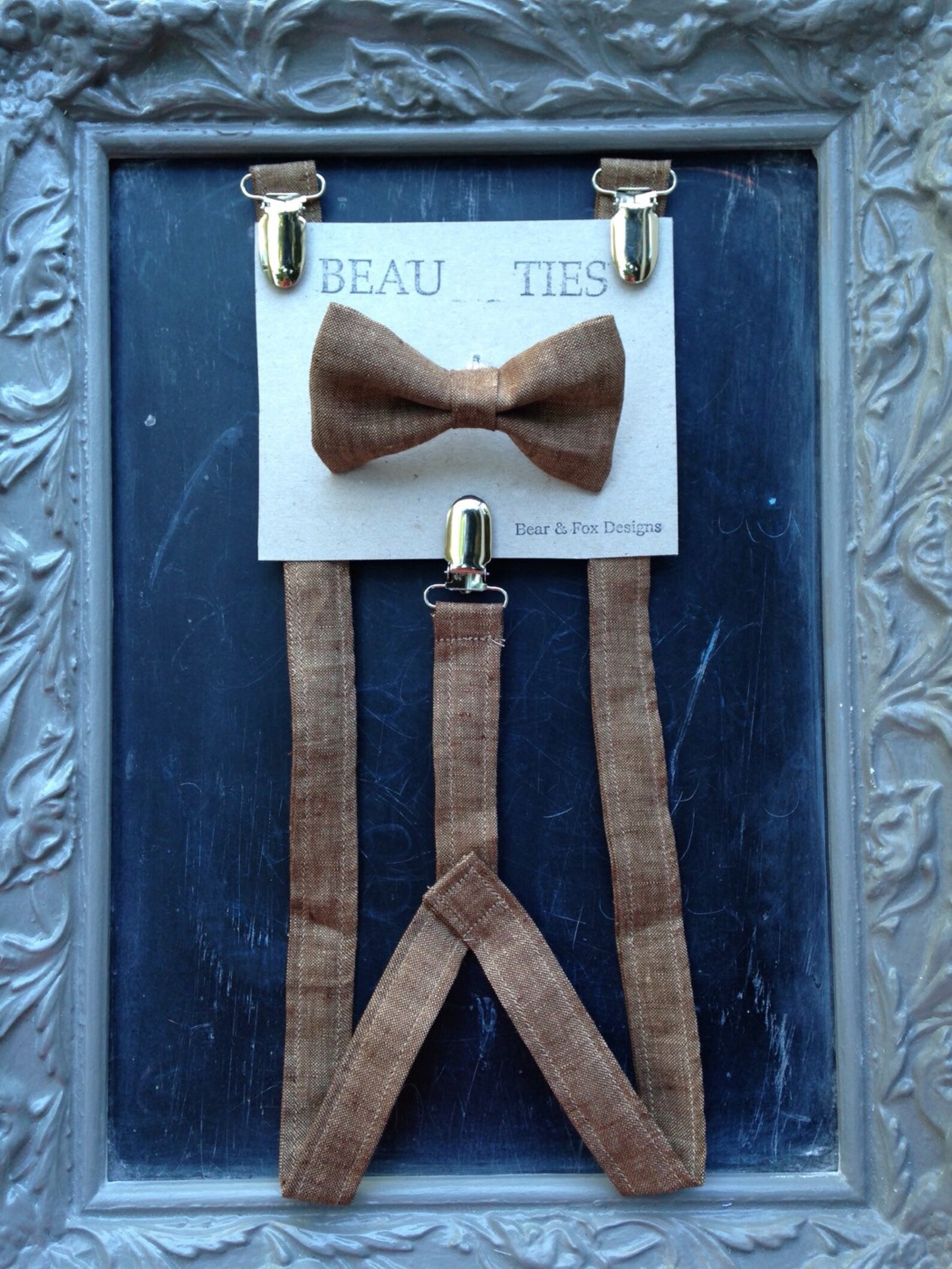Boys Suspenders Bow Tie Set Brown Linen Etsy