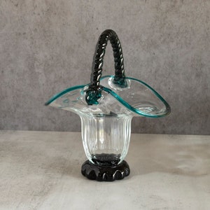 Vintage Clear Hand Blown Optic Glass Basket Dark Blue Edge Applied Rope Handle