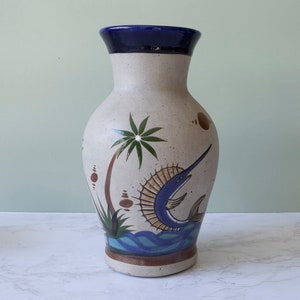 Mexican Pottery Swordfish Butterfly Tonala Vase Signed