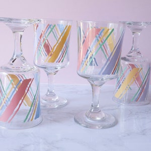 Vintage 80s Pastel Striped Stemmed Drinking Glasses Set of 4