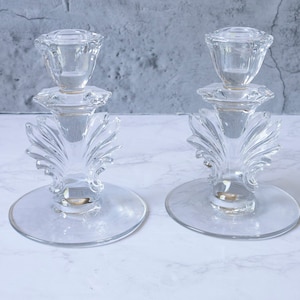 Vintage Etched Depression Glass, Fostoria Chintz Baroque Candlestick Holders