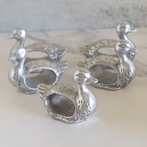 Shafford Pewter Duck Napkin Holders | Duck Table Decor Set of 5 vintage Pewter Duck Napkin Rings, 3&quot; x 2&quot;
