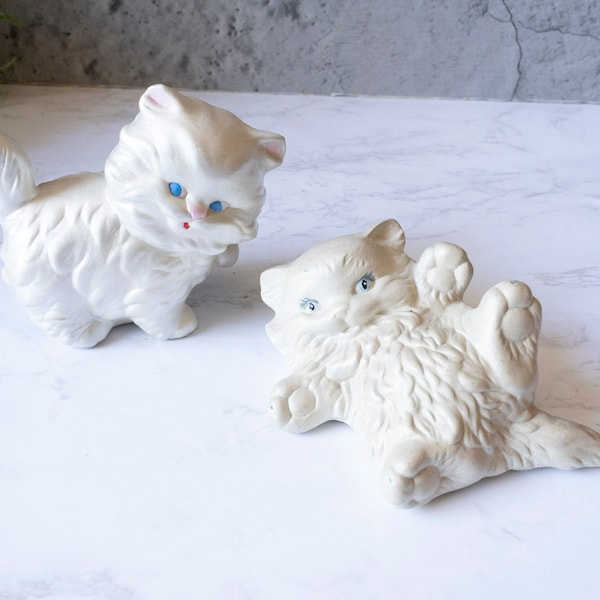 Set of 2 Vintage White Kitty Cat On Back and Standing Kitten Ceramic Bisque