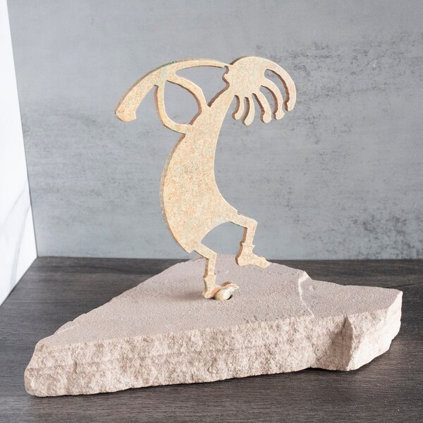 Vintage Kokopelli Figurine Metal Art Statue on Sandstone Base Slab