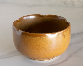 Mid Century Stoneware Pottery Brown Pinched Rim Minimalist Bowl
