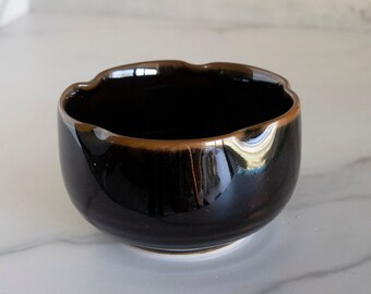Mid Century Stoneware Pottery Dark Brown Pinched Rim Minimalist Bowl