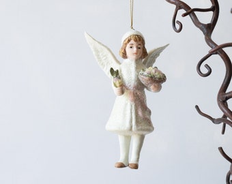 Vintage Victorian Porcelain Angel Girl With Flower Basket Ornament