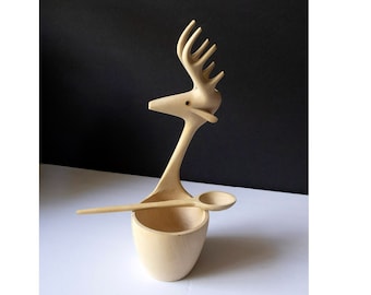 Scandinavian Style Hand Carved Wooden Bowl w/ Stag Deer, Natural Wood Bowl with Spoon