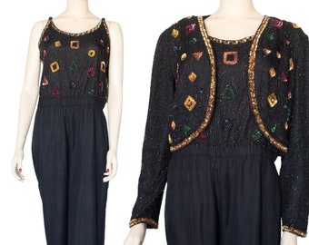 Vintage 1980s Disco Jumpsuit With Matching Bolero by Styleworks -Silk