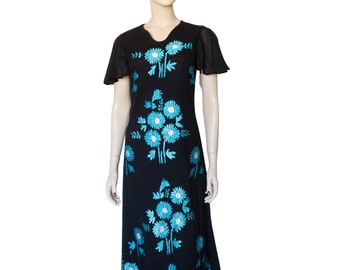 Vintage 1970s Embroidered Black & Blue Maxi Dress W/ Flutter Sleeves