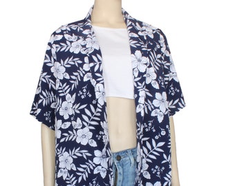 Vintage 80's Blue & White Hawaiian Shirt Size L