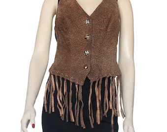 Vintage 1980's John Murrough Fringed Suede Animal Print Vest Size L