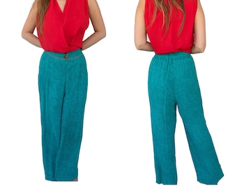 Wide Leg Pants, Trousers, Teal Pants, 70's Vintage, 1970's-Vintage-High Waisted-Wide Leg Pants-Trousers-Retro-Pants-Gift For Her-Blue