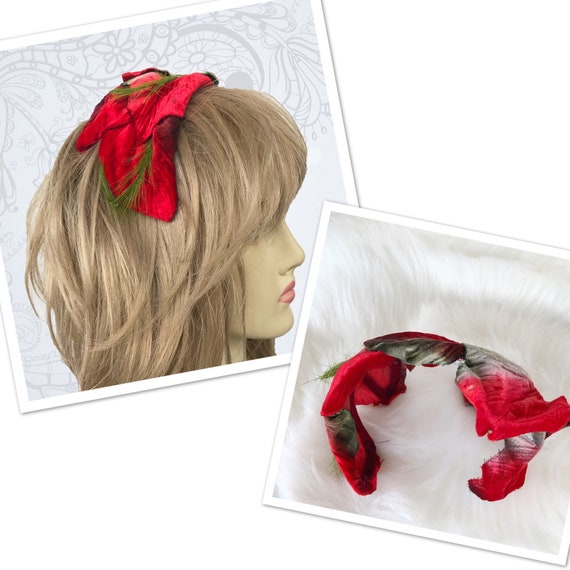 Headband 1950's Vintage Headband Hat Red Floral Ha