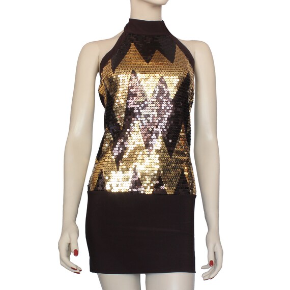 Brown Halter Dress, Sequin Chevron Design Halter D