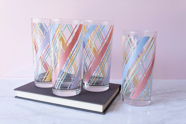 Vintage 80s Pastel Striped Drinking Glasses Set of 4 image 2