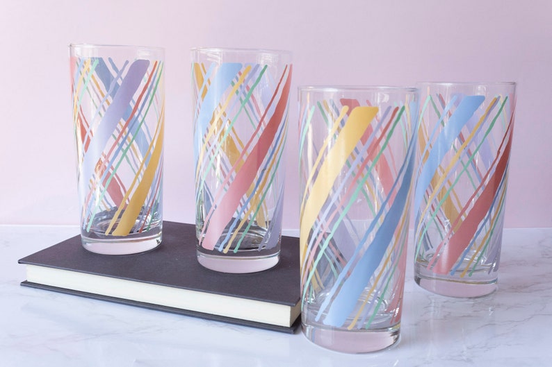 Vintage 80s Pastel Striped Drinking Glasses Set of 4 image 3