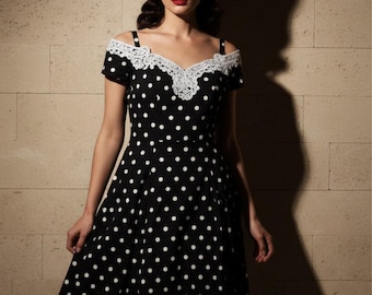 Vestido vintage de los 80 de DBA LA California, estilo swing, con lunares, talla 7. Raro vestido midi de encaje con hombros descubiertos, estilo rockabilly pin-up, hecho en EE. UU., corte ajustado y falda acampanada.