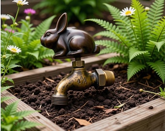 May include: A bronze-toned metal garden faucet featuring a decorative rabbit figurine handle. The spigot has a weathered finish with a small embossed water drop icon on the side and a threaded connection point for a hose attachment.