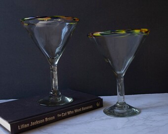 Handblown Mexican Martini Margarita Multicolored Rim Glasses Different Sizes
