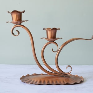 Vintage Gregorian Copper Scroll Work Swirled Candlestick Holder with Two Candle Holders