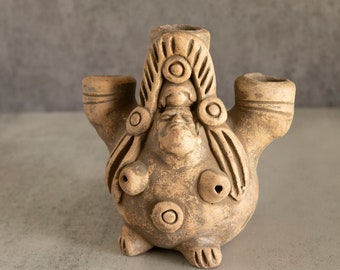 Unique Primitive Ceramic Clay Folk Art Candleholder