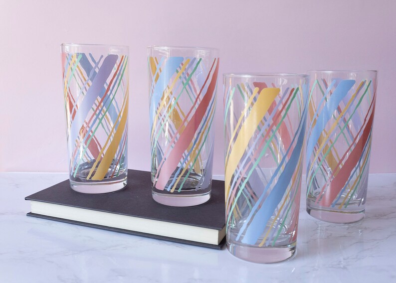 Vintage 80s Pastel Striped Drinking Glasses Set of 4 image 6