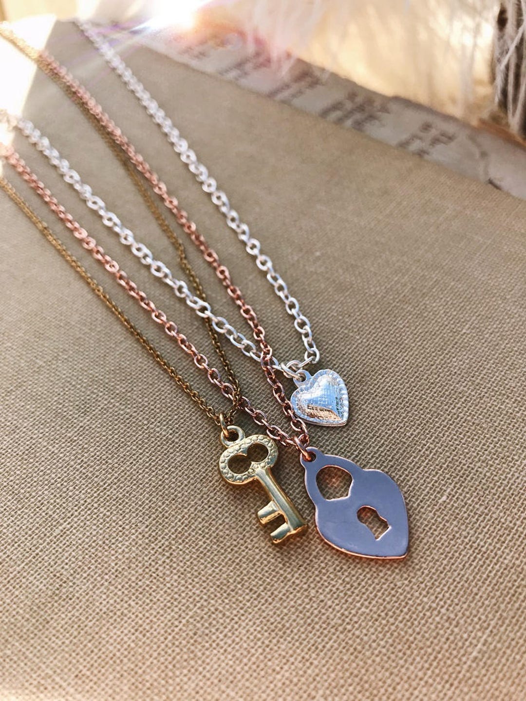 Delicate Layered Necklace, Heart, Key, Locket, Gift for Her, Set of 3 ...