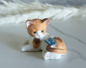 Vintage Orange and White Kitten/Cat with Butterfly Figurine Bisque Porcelain