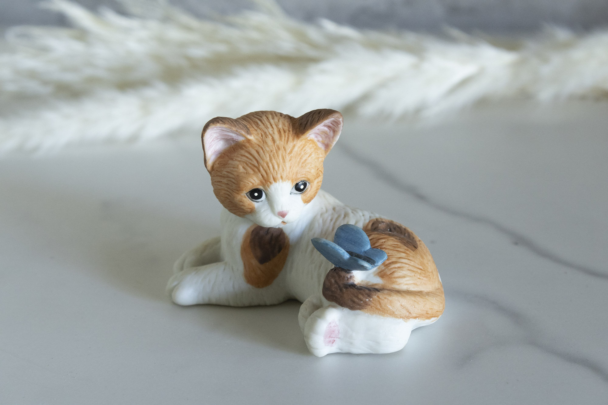 Vintage Orange and White Kitten/cat With Butterfly Figurine Bisque