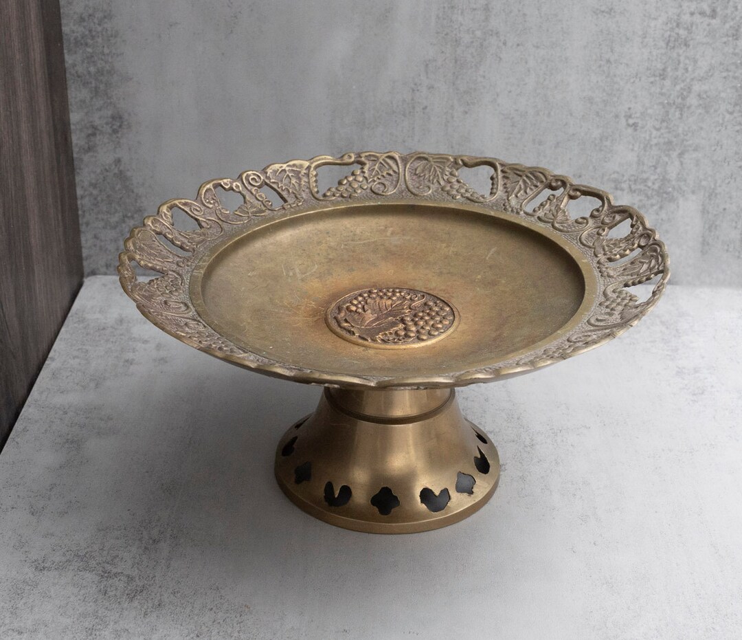 Vtg Solid Brass Compote Pedestal Dish Riser Centerpiece Grape Cutouts ...