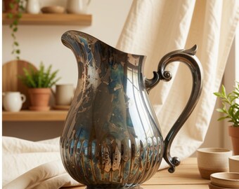 May include: A polished silver-toned metal pitcher featuring a curved handle, a wide pouring spout, and a rounded body with vertical fluted detailing at the base. The reflective surface displays dark, iridescent tarnish patterns throughout the exterior.
