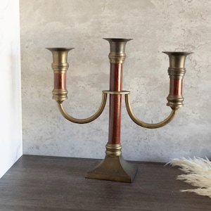 Old vintage 1960&#39;s MCM Three Candelabra Candlestick Candle Holder Red Wood & Brass