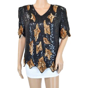 Black Silk Gold Sequin Beaded Design Trophy Deco Dress Top S