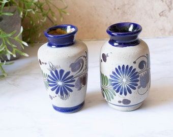 Vintage Mexican Mexico Folk Art Pottery Tonala Floral Vases Set of 2