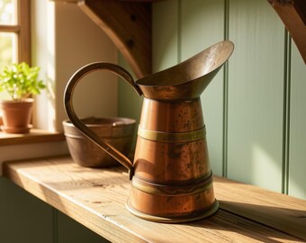 May include: A copper pitcher with a wide, angled spout and a curved handle. The vessel features two horizontal brass bands encircling the body, which has a polished finish with subtle signs of natural oxidation and a warm, metallic sheen.