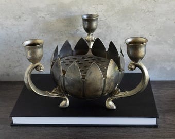 Vintage 1970s Leonard Silver Plate Centerpiece - Triple Candle Holder on Lotus Flower Bowl