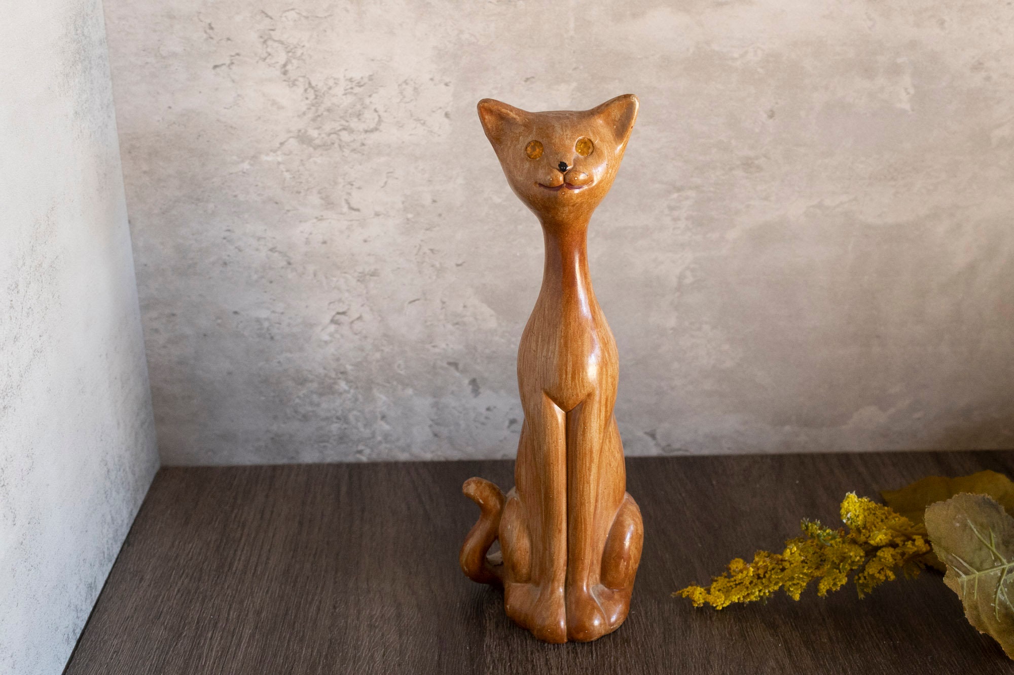 Vintage MCM Long Neck Cat Figurine Faux Wood Rhinestone Eyes