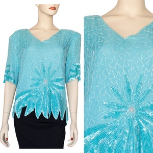 1980s Vintage Blue Sequin Blouse by Mark & John II Size M