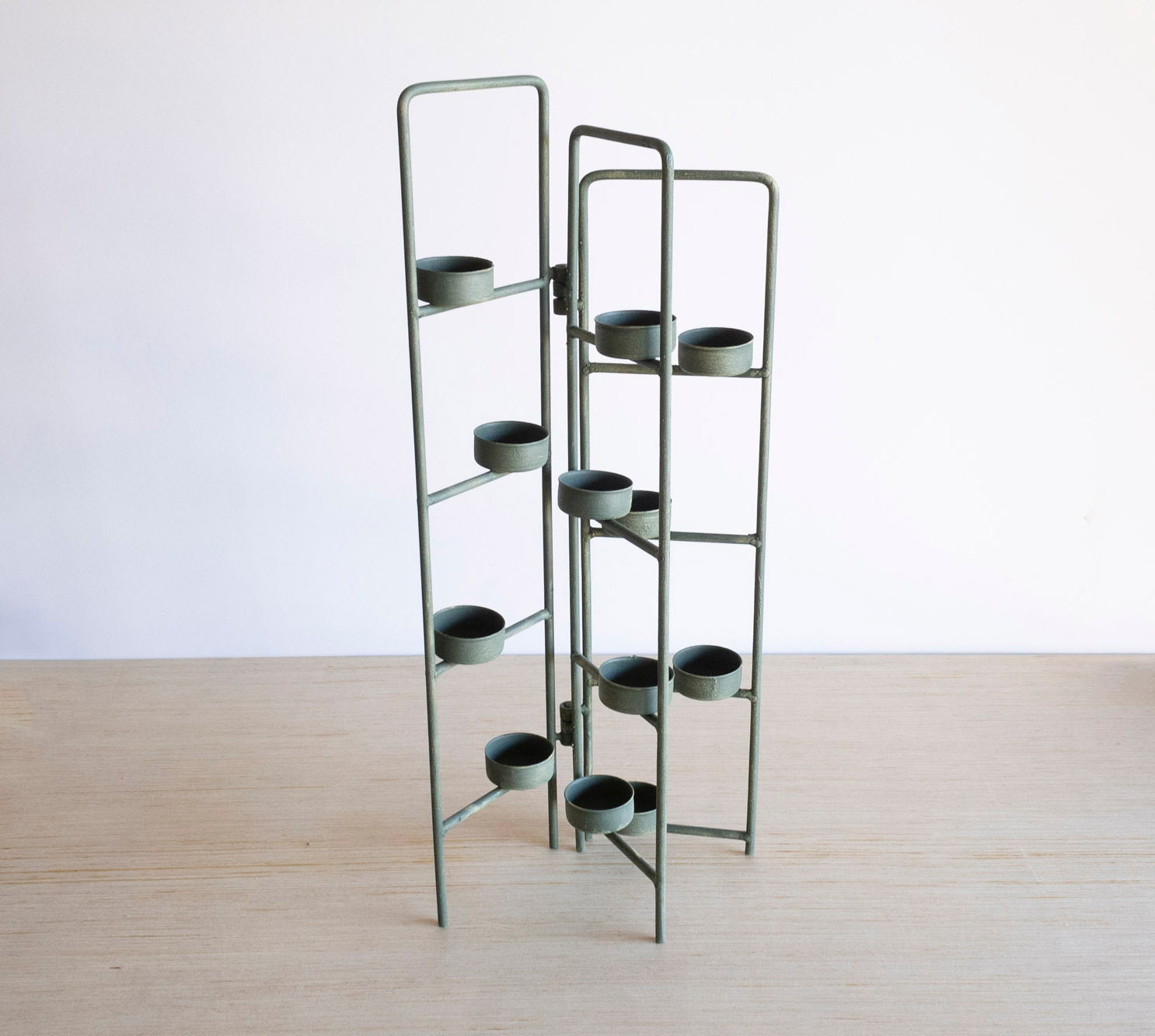 Tea Light Candle Holder Stand Tri-fold Patina Metal Holds 12 Adjustable Folding Shabby Chic