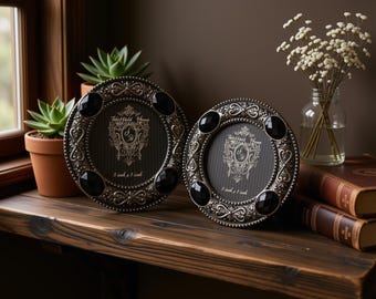 Pair of 2 Vintage Sheffield Home Jewel Collection 3x3 Round Frames Silver Filigree with Faceted Black Crystals Whimsigoth Y2K Gothic Decor