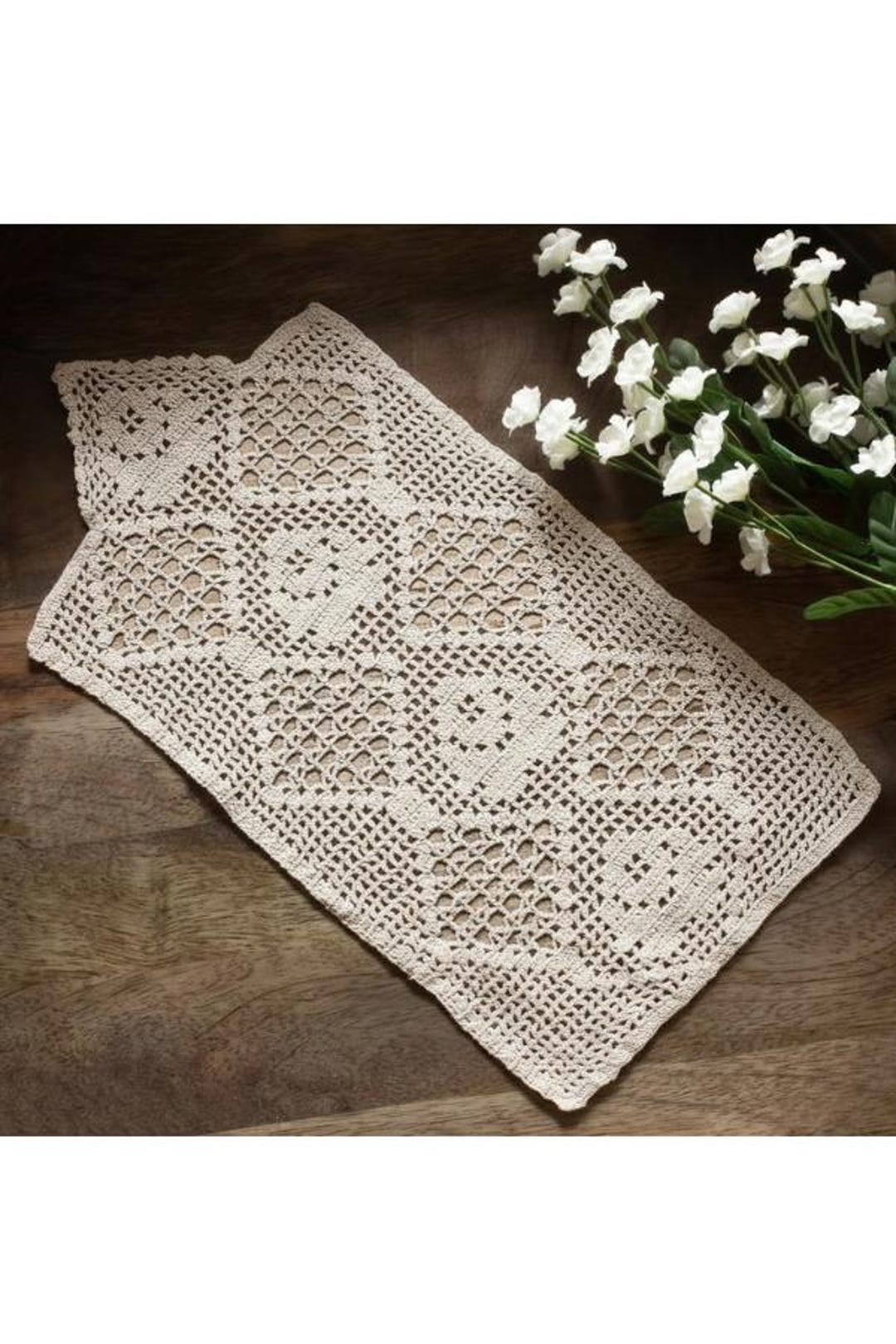 Antique Hand Crochet Dresser Scarf, Filet Lace Vanity Runner, 3