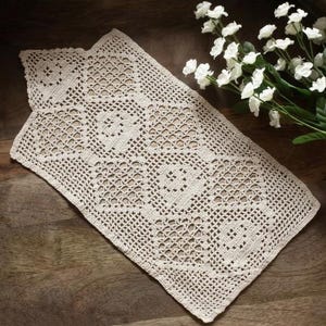 Antique Hand Crochet Dresser Scarf, Filet Lace Vanity Runner, 3-Generation Estate Find, 12" Oblong Boho Table Mat, Free Shipping