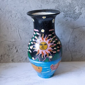 Mexican Folk Art Vase Colorful Mexican Pottery Vase Vintage Clay Pottery