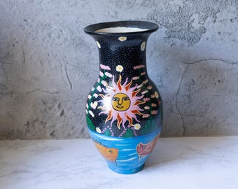 Mexican Folk Art Vase Colorful Mexican Pottery Vase Vintage Clay Pottery